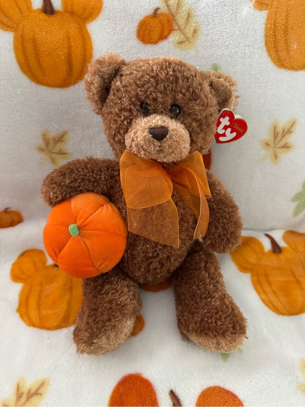 Ty Brown Teddy Bear Plush with Orange Pumpkin and Ribbon - bumpkin
